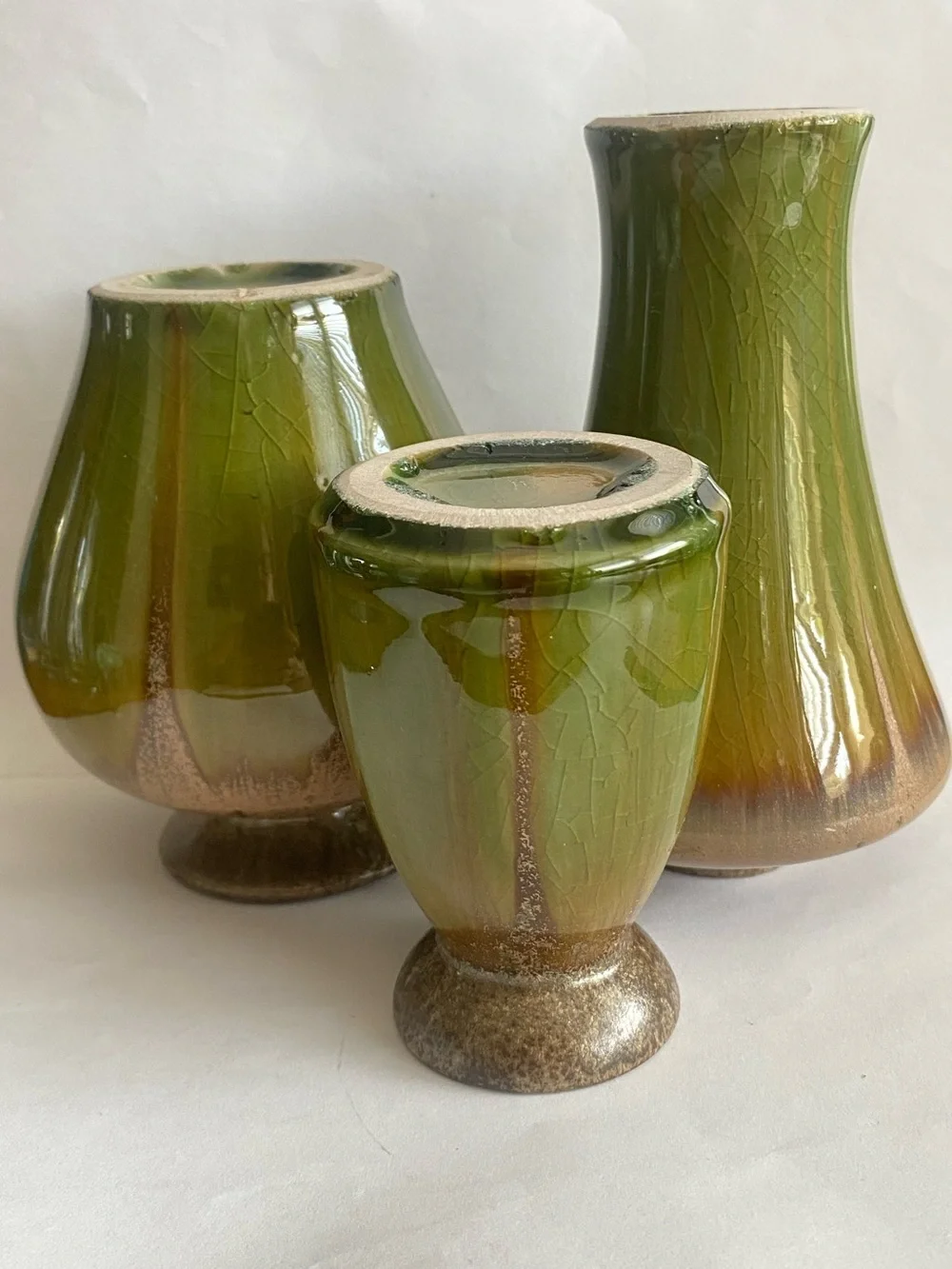 Vtg Hosley Art Pottery 3-piece Decorative Vase Set Glossy Earth Tone Drip Glaze